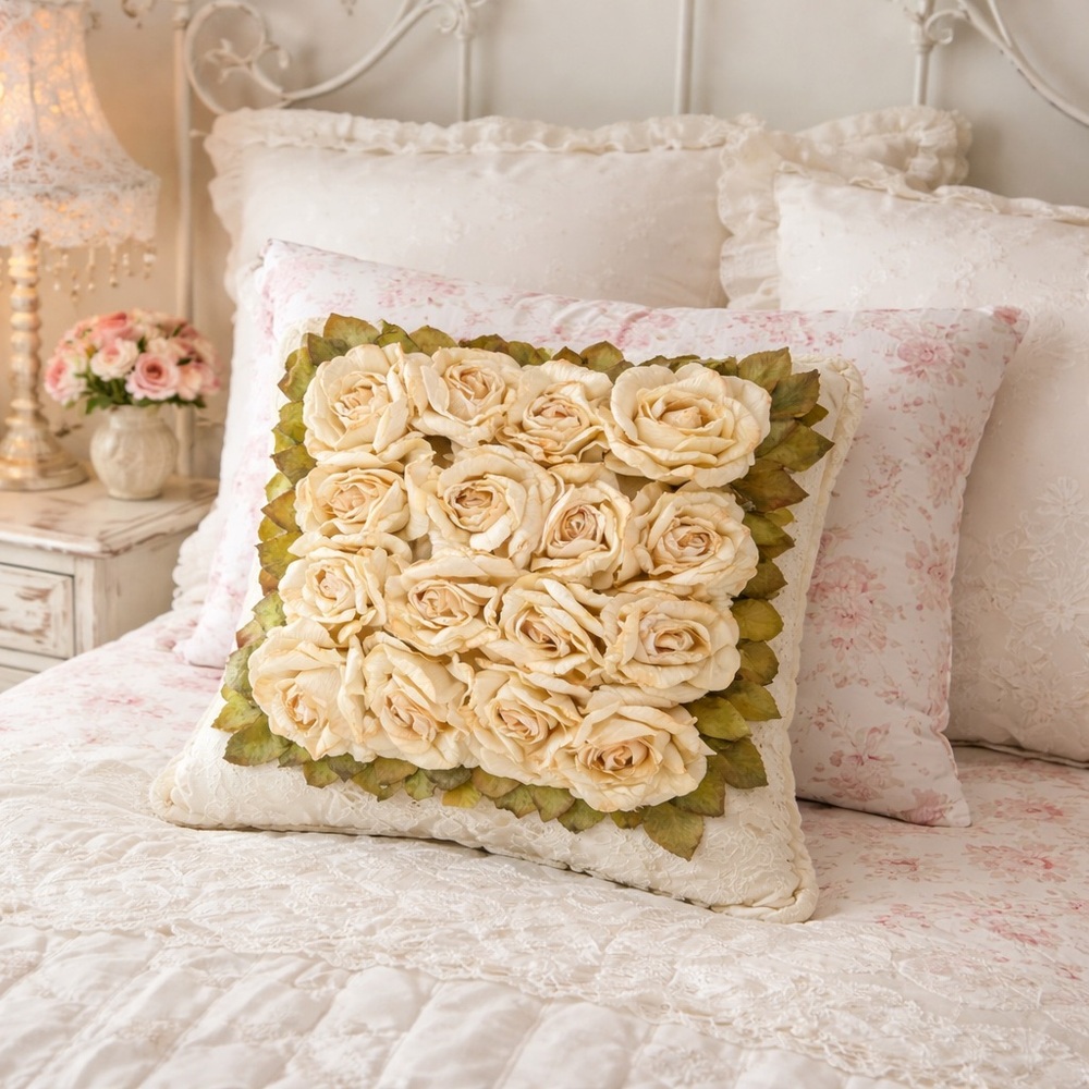 Vintage Handmade Pillow 3D Silk Flowers French Country Cottage Cream Ivory Roses